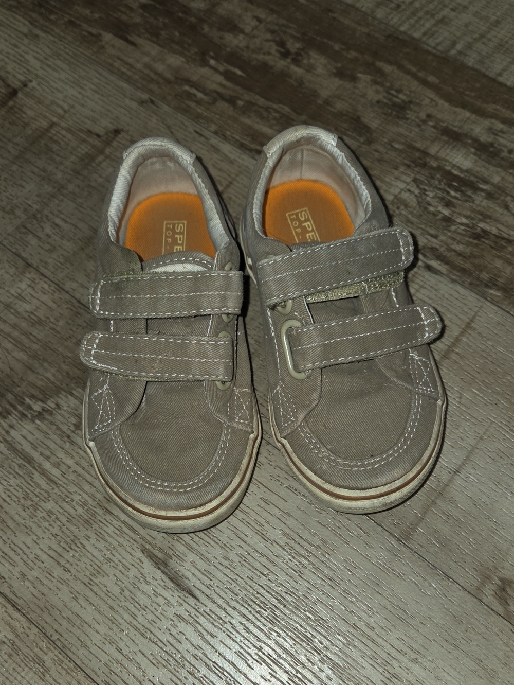 Sperry Kids Taupe Canvas Double-Strap Sneakers with Orange Insole